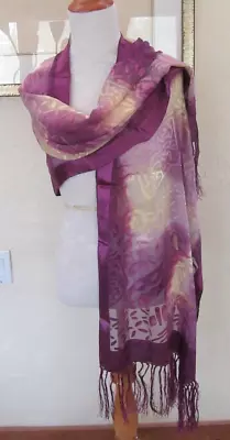 Purple & Cream Sheer Silk And Rayon 70  Shawl - Fringed Abstract Burnout Scarf • $30