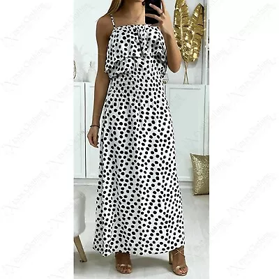 Ladies Polka Dot Maxi Dress Women Strap Frill Top Long Skirt Summer Look  Robe • £9.99