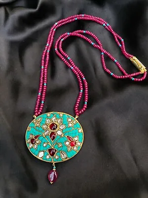 Mughal Style 22k Gold Turquoise Ruby Diamond Pendant With Ruby String • $1589