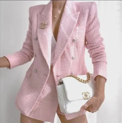 Nwt Zara Textured Tweed Long Fitted Pink Bloggers Blazer Jacket 3130/651 • $169.95