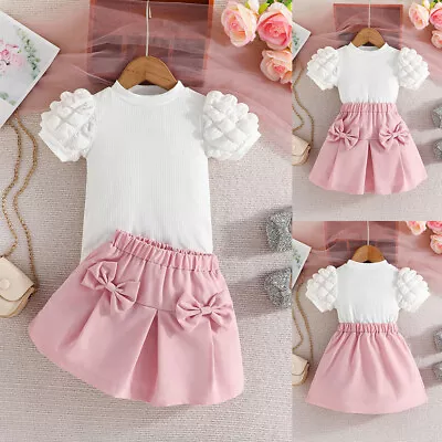 2Pcs Kids Girls Summer Clothes Holiday Puff Sleeve Tops Bow Skirts Dress Set UK • £9.69