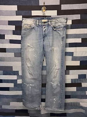 Men’s Diesel Viker Distressed Button Fly Denim Blue Jeans Straight Leg 37x30 • $50