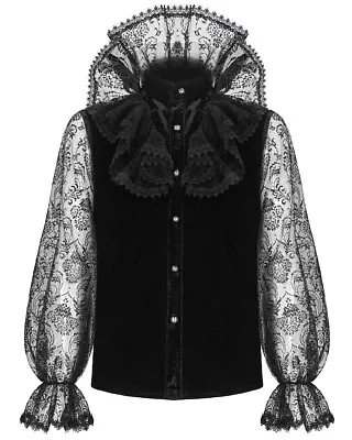 Devil Fashion Mens Gothic Vampire Black Velvet High Lace Collar Dress Shirt Top • £64.99