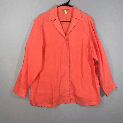 Sigrid Olsen Top Womens 1X Pink Coral 100% Linen Button Up Long Sleeve Collared • $25.99