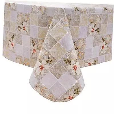  Vinyl Tablecloth With Flannel Backing Stain 60 X 102 Inch Beige Floral • $38.09