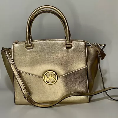 Michael Kors Hudson Gold Medium Satchel Pebbled Leather Handbag • $125