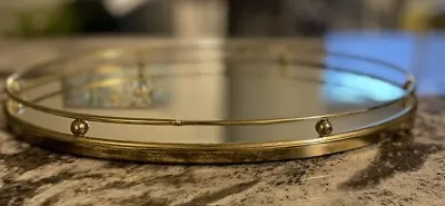 Vtg. Hollywood Regency MCM Oval Mirrored Vanity Tray Gold Tone Bar Edge • $20