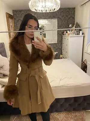 Miss Selfridge Camel Faux Fur Coat Size 6 • £25