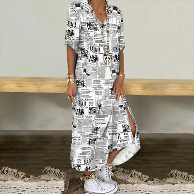 Womens Loose Bohemian V Neck Maxi Dress Ladies Casual Side Split Long Dress • $29.21