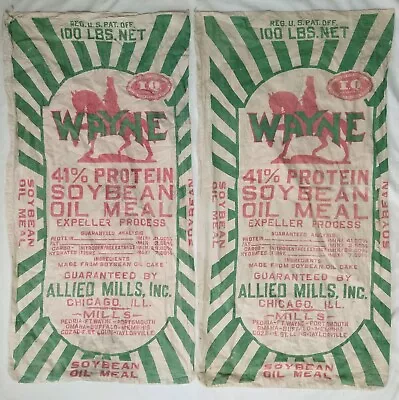 Vintage Cloth Grain Sack Feed Bag X2 Wayne SoyBean Oil Meal 100 Lbs Clean  • $39.95