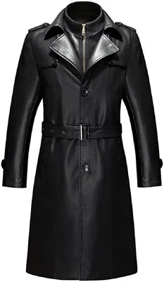 Duberess Men Double Collar Long Trench Coat Long PU Leather Jacket Parka Bl 2XL • $107.99