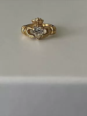 Vintage Avon Claddagh Gold Tone Ring Two Hands Holding Crowned Heart Crystal L1 • $25