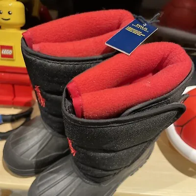 Polo Ralph Lauren Kids Black Red Snow Boot Shoes Size 10 UK 27 EUR Brand New • £24.99