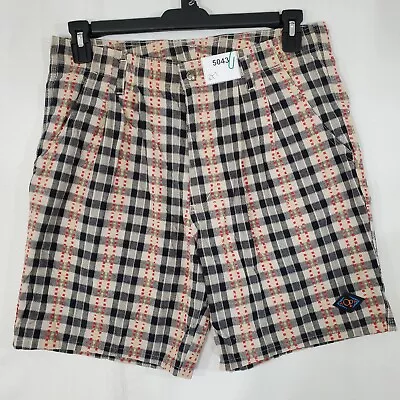 Ocean Pacific OP Shorts Mens Medium Board Black Beige Plaid Pleated Skater VTG • $14