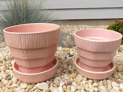 PAIR McCoy POTTERY PINK BASKETWEAVE PLANTER FLOWER POT WITH ATTACHED SAUCER 6'' • $69.99