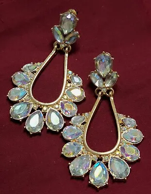  AB Dangle Aurora Borealis Iridescent Crystal Gold Chandelier Pageant Earrings  • $18