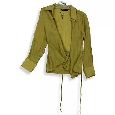 Zara Womens Mustard Green Collared Long Sleeve Tie Front Blouse Top Size XS • $12.34