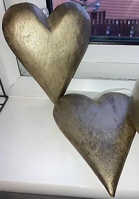 £12.50 • Buy GOLD HANGING WOODEN HEART - Set Of Two - Rustic