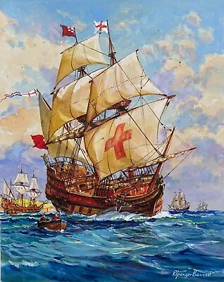 1950s Seascape Watercolour Painting Galleon At Sea By Richard Granger Barrett • £145