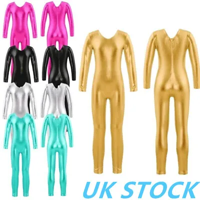 UK Girls Shiny Metallic Full Length Jumpsuit Dance Gymnastics Bodysuit Catsuit • £13.72