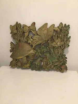 Vintage Homco Wall Hanging Plaque Frog Mushrooms Butterflies Size 17 1/4  X 14  • $30