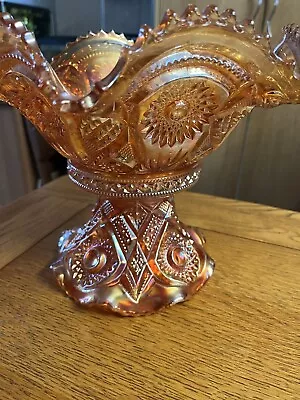 VTG Imperial Marigold Fashion Hobstar Carnival Glass Punch Bowl & Pedestal Stand • £98.97