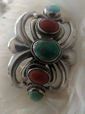 Turquoise And Coral Sterling Silver Vintage Sandcast Old Pawn Beautiful Bracelet • $132.50