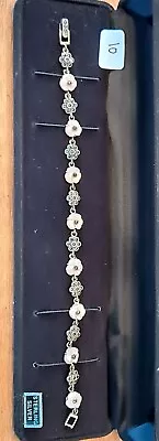 Vintage Beautiful Sterling 7-1/2 Marcasite Flower & Carved MOP Toggle Bracelet • $20