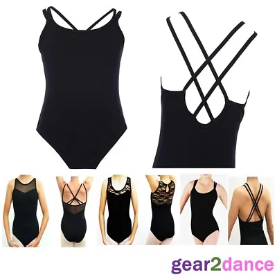 Girls Black Leotard Ballet Dance Sleeveless Cross Strap Back Lace Spaghetti Tap • £9.99