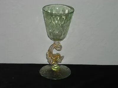 Salviati Murano Blown Dolphin Stemmed Wine Goblet As Is   Green W/ Gold Flecks • $45