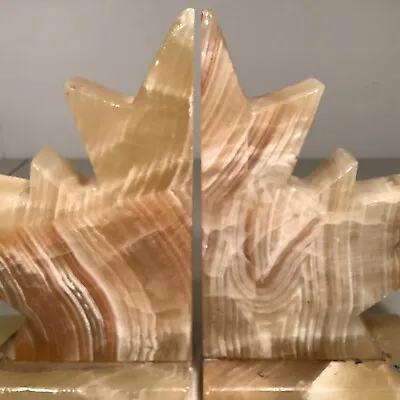 Onyx Or Marble Stone Maple Leaf Bookends - Beige And Caramel Veins Vintage Read • $39.95