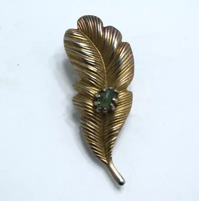 Vintage 2  Green Jade Nugget Feather / Leaf Brooch Gold Tone Pin • $10