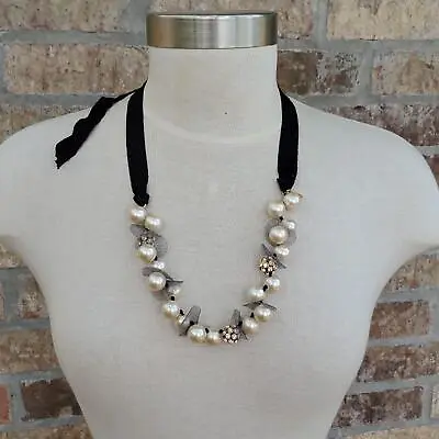 $18 • Buy Beautiful & Elegant J. CREW Pearl Rhinestone Lace & Black Ribbon Necklace