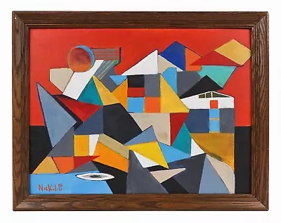 Cubist Oil Painting Canvas Mid Century Modern Cubism Abstract Geometric Colorful • $325