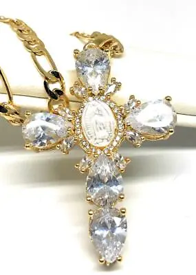 Virgen De Guadalupe Medalla Virgin Mary Cross Pendant Necklace Oro Laminado 24  • $24.99