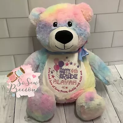 Personalised Rainbow Tie Dye Embroidered Teddy Bear New Baby Birthday • £27.99