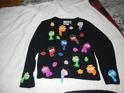 Michael Simon Black Cardigan Sweater  Colorful Snowmen M Emellished Christmas • $49.99