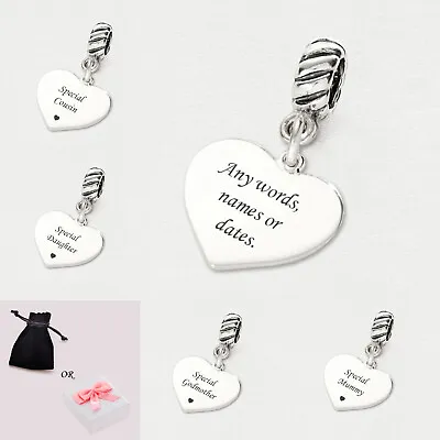 Personalised 925 Sterling Silver Heart Charm Engraved For European Bracelets • £28.99