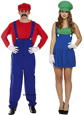 Mens Mario + Ladies Luigi Couples 80s 90s Plumber Fancy Dress Costume Outfit • £26.02