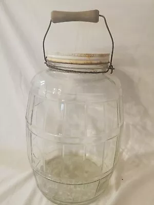 Vintage DuraGlass 13.5  Large Glass Pickle Jar Barrel Screw Lid Wood Bail Handle • $42.95