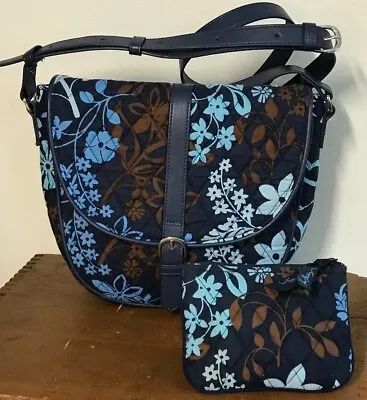 Vera Bradley Crossbody Bag Purse Slim Saddle Blue  Java Floral  & Coin Purse • $15.50