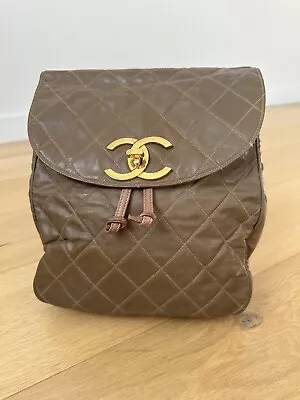 Authentic Vintage CHANEL Brown Leather & Patent Gold Chain Hardware Backpack • $1800