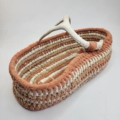 Vintage Handmade Crochet Woven Fabric Basket Deer Antler Handle7.5x16.5 Inches • $18.95