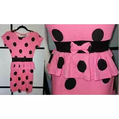 Vintage 80s Tight Pink Blk Polka Dot Peplum Minidress Fame Clothing Co New Wave  • $79