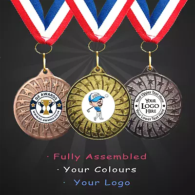 10 X Personalised Golf Medals + Ribbon + Engraving + Your Own Logo • £13.99