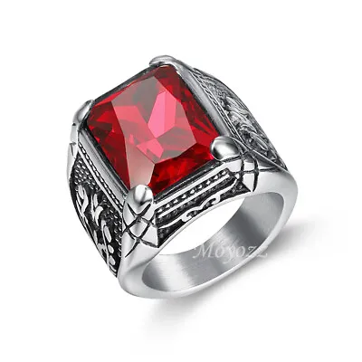 Mens Blue Red CZ Aquamarine Square Stone Ring Stainless Steel Size 7 8 9-15 Gift • $10.99