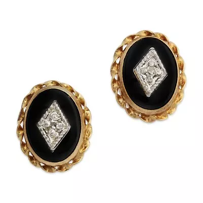 Vintage 14k Yellow Gold Onyx Diamond Stud Earrings • $174.50