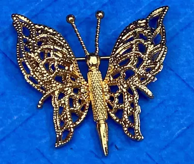 Vintage 1970's Signed MONET Double-Wing Butterfly Gold Tone Brooch Pin • $9.95