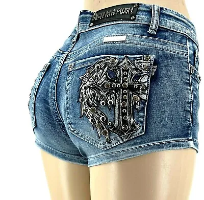 Platinum Plush Ladies Leather Cross & Wing Rhinestone Denim Shorts Style #4546 • $45.99