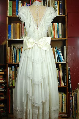 Vintage 70s 80s Jessica McClintock Edwardian White Lace Bow Prairie Cottage  M/L • $228